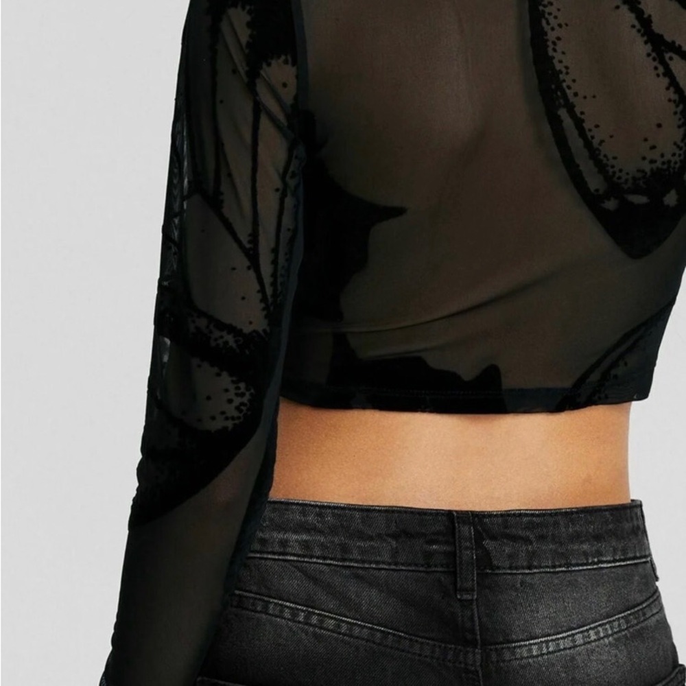 Bershka Black Sheer Long-Sleeve Crop Top